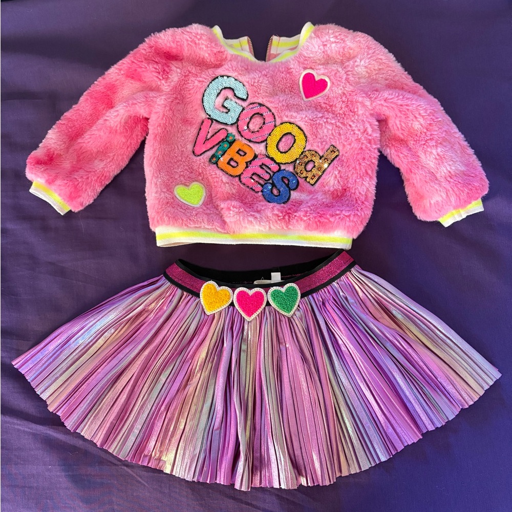 Adorable good vibes fuzzy sweater and skirt outfit for 12 mo old